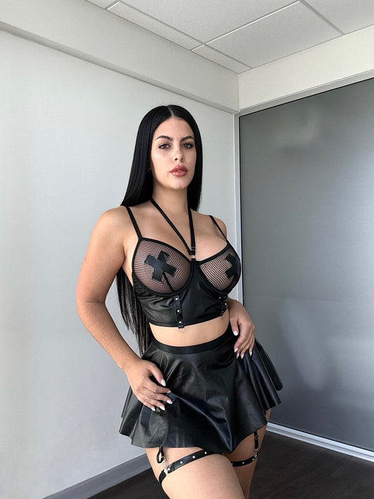 Conjunto lenceria malla cuerina Dolcezza