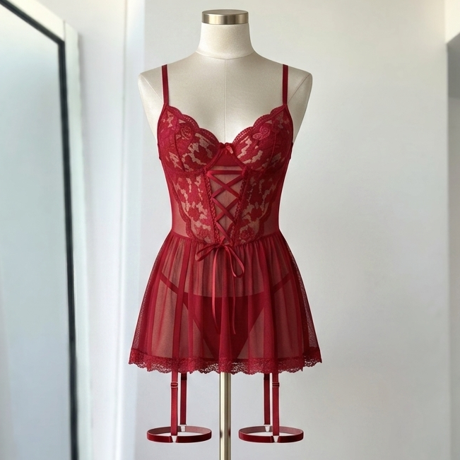 maniqui  conjunto vestido lencero encaje burdeo cavrini